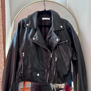 12th Tribe Black Faux Leather Moto Jacket with Silver Hardware